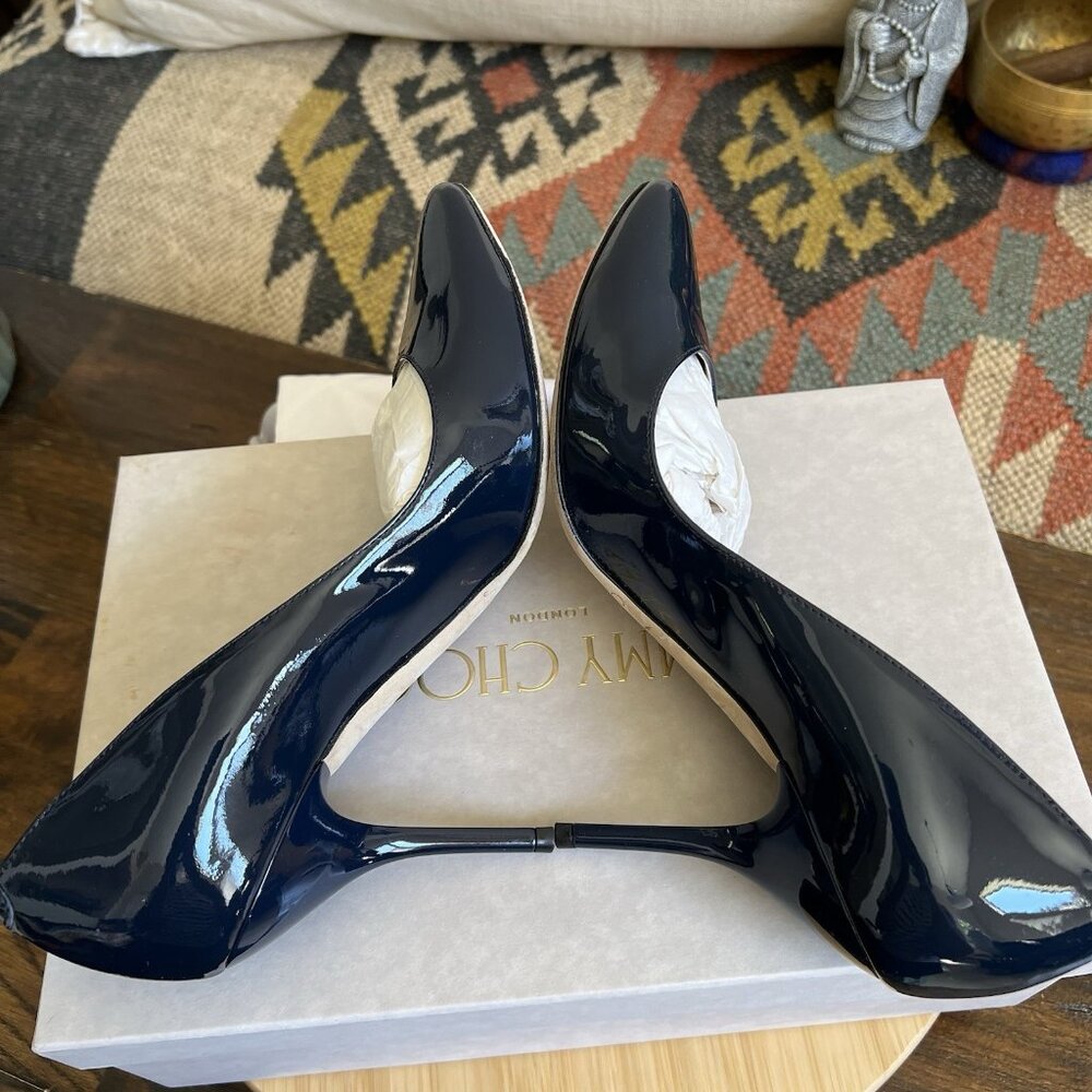 Jimmy Choo MEI Navy Patent Leather Almond Toe Pump Heels - Picture 8 of 15
